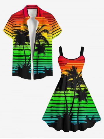 Ensemble de plage hawaïen assorti pour couples, motif soleil à rayures ombrées et cocotiers, grandes tailles - MULTI-A