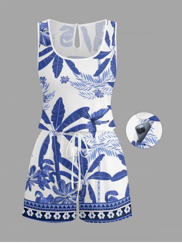 Combinaison hawaïenne grande taille à imprimé tropical de feuilles de cocotier, bleu et blanc, style porcelaine, avec cordon de serrage et poches. - BLUE - 5X