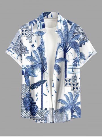 Chemise à poches boutons style porcelaine bleue et blanche, imprimé tropical à motif de cocotiers, grande taille, pour homme - BLUE - 6XL