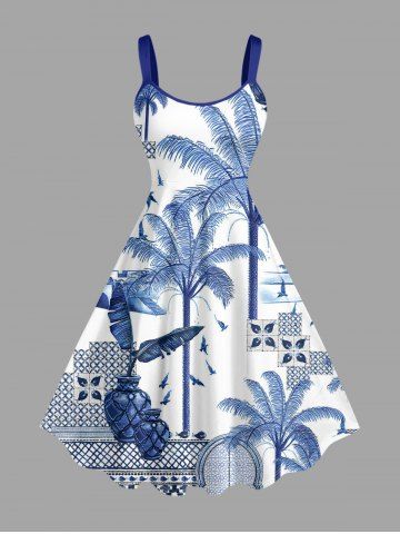 Robe hawaïenne grande taille à imprimé tropical feuille de cocotier bleu et blanc style porcelaine, coupe trapèze - BLUE - S