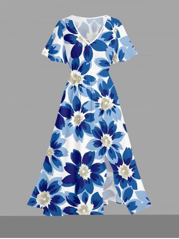 Robe midi trapèze à imprimé floral hawaïen grande taille avec poches fendues - DEEP BLUE - 2X