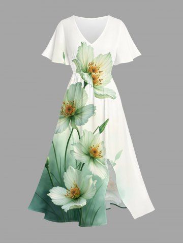 Robe midi trapèze grande taille à imprimé floral aquarelle ombré hawaïen et poches fendues - GREEN - 6X