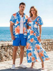 Ensemble de plage hawaïen assorti grande taille à imprimé feuilles d'hibiscus pour couples - Bleu Ciel 