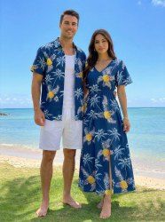 Pineapple Coconut Tree Print Matching Hawaii Beach Outfit For Couples -  