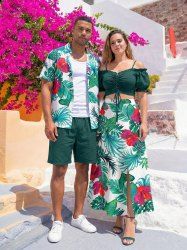 Hibiscus Flowers Tropical Leaf Print Plus Size Matching Hawaii Beach Outfit For Couples -  