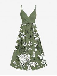 Plus Size Flowers Leaf Print Surplice Hawaii Cami Dress -  