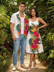 Ensemble de plage hawaïen assorti pour couples, imprimé feuilles tropicales et fleurs d'hibiscus, grandes tailles - Blanc 