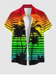Chemise hawaïenne à rayures ombrées et imprimé soleil, grande taille, motif cocotiers et soleil, poche boutonnée, pour hommes - Multi-A S