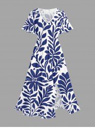 Leaf Branch Print Hawaii Split Pocket A Line Midi Dress -  