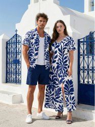 Ensemble de plage hawaïen assorti grande taille à imprimé feuilles et branches pour couples - Bleu 