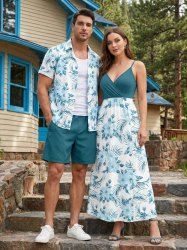 Ensemble de plage hawaïen assorti grande taille à imprimé feuilles d'hibiscus pour couples - Bleu clair 