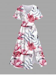 Flowers Leaf Print Split Hawaii Midi Dress -  