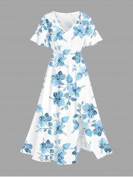 Robe mi-longue hawaïenne fendue à imprimé floral grande taille - Bleu clair M