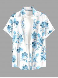 Chemise hawaïenne grande taille à imprimé floral et feuilles, boutons et poche pour homme - Bleu clair M
