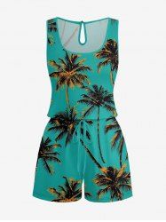 Coconut Tree Print Cinched Hawaii Romper -  