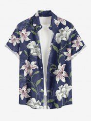 Plus Size Flower Leaf Branch Print Hawaii Button Pocket Shirt For Men -  