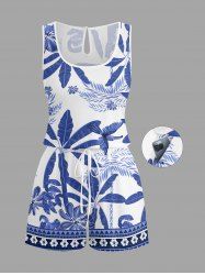 Plus Size Coconut Tree Tropical Leaf Blue and White Porcelain Style Print Hawaii Drawstring Pocket Romper -  