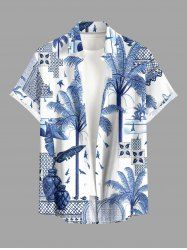 Chemise à poches boutons style porcelaine bleue et blanche, imprimé tropical à motif de cocotiers, grande taille, pour homme - Bleu S