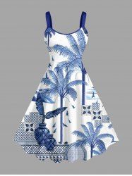 Plus Size Coconut Tree Tropical Leaf Blue and White Porcelain Style Print Hawaii A Line Dress -  