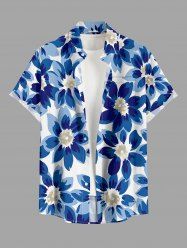 Flower Print Hawaii Button Pocket Shirt For Men - Bleu profond XL