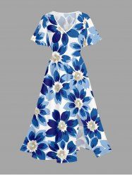 Plus Size Flower Print Hawaii Split Pocket A Line Midi Dress -  