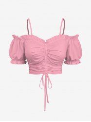 Plus Size Cold Shoulder Puff Sleeve Solid Cinched Top -  