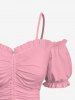 Plus Size Cold Shoulder Puff Sleeve Solid Cinched Top - Rose  3X