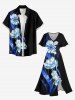 Plus Size Flowers Leaf Print Split Hawaii Midi Dress -  