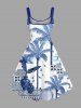 Plus Size Coconut Tree Tropical Leaf Blue and White Porcelain Style Print Hawaii A Line Dress -  