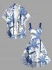 Plus Size Coconut Tree Tropical Leaf Blue and White Porcelain Style Print Hawaii A Line Dress -  