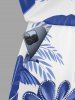 Plus Size Coconut Tree Tropical Leaf Blue and White Porcelain Style Print Hawaii Drawstring Pocket Romper -  