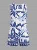 Plus Size Coconut Tree Tropical Leaf Blue and White Porcelain Style Print Hawaii Drawstring Pocket Romper -  