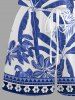 Plus Size Coconut Tree Tropical Leaf Blue and White Porcelain Style Print Hawaii Drawstring Pocket Romper -  