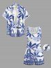 Plus Size Coconut Tree Tropical Leaf Blue and White Porcelain Style Print Hawaii Drawstring Pocket Romper -  