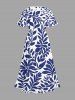 Leaf Branch Print Hawaii Split Pocket A Line Midi Dress -  
