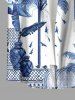 Chemise à poches boutons style porcelaine bleue et blanche, imprimé tropical à motif de cocotiers, grande taille, pour homme - Bleu XL