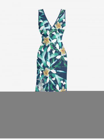 Flowers Tropical Leaf Print Hawaii Ruffles Split Surplice Dress - DEEP BLUE - M