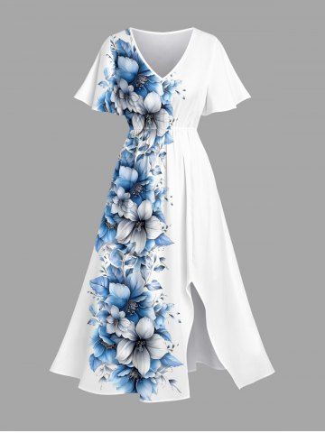 Robe midi hawaïenne fendue à imprimé tropical fleurs et feuilles, grande taille - WHITE - 6X