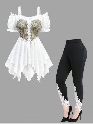 Sunflower Oil Painting Print Lace Up Cold Shoulder Top and Appliques Leggings Plus Size Outfit - WHITE