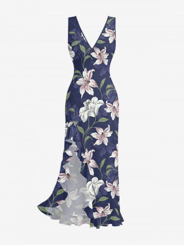 Flower Leaf Branch Print Hawaii Ruffles Split Dress - CONCORD - S