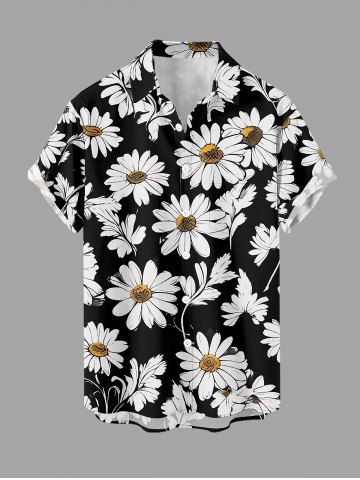 Chemise hawaïenne grande taille à imprimé marguerites, boutons et poches pour homme - BLACK - 2XL