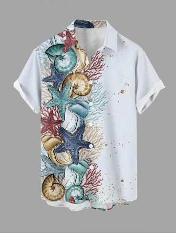 Chemise hawaïenne grande taille pour homme, à imprimé étoiles de mer, conques et coraux, boutons et poche. - LIGHT BLUE - XL