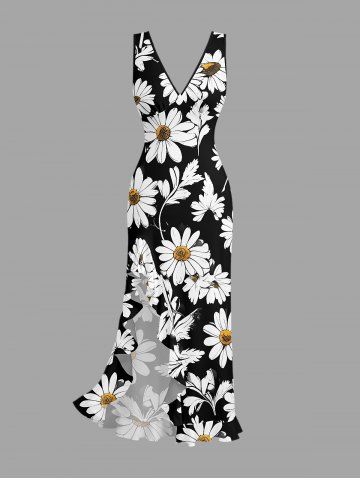 Daisy Flowers Print Hawaii Ruffles Split Surplice Dress - BLACK - XS