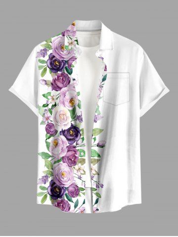 Plus Size Rose Flowers Leaf Print Buttons Pocket Hawaii Shirt For Men - WHITE - XL