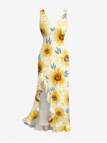 Sunflowers Leaf Print Hawaii Ruffles Split Surplice Dress - YELLOW - XL