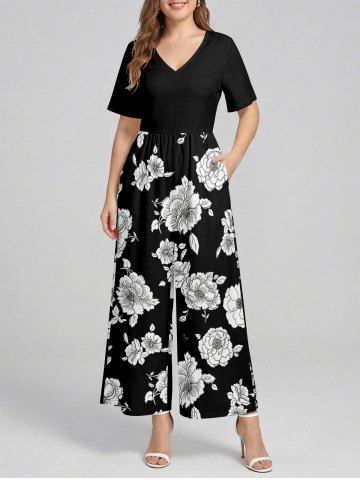Plus Size Flowers Leaf Print V Neck Hawaii Wide Leg Jumpsuit - BLACK - S