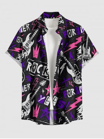 Plus Size Rock Star Guitar Crown Graffiti Print Buttons Pocket Hawaii Shirt For Men - BLACK - 4XL