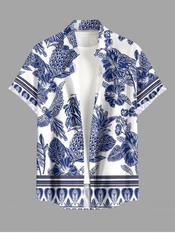 Plus Size Blue And White Porcelain Pineapple Hibiscus Flower Leaf Print Buttons Pocket Hawaii Shirt For Men - BLUE - 4XL