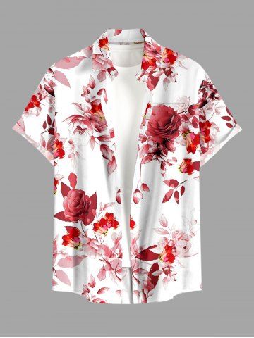 Plus Size Rose Flowers Leaf Print Buttons Pocket Hawaii Shirt For Men - RED - 3XL