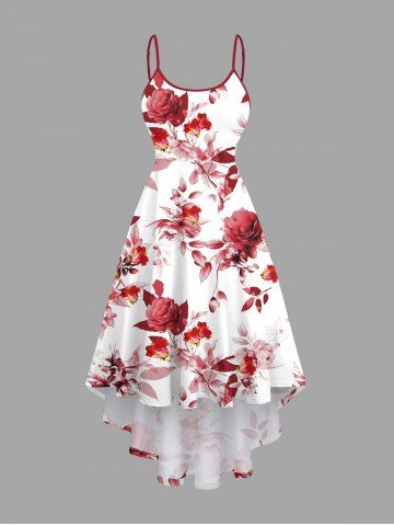 Plus Size Rose Flowers Leaf Print High Low Hawaii Cami Dress - RED - XXS